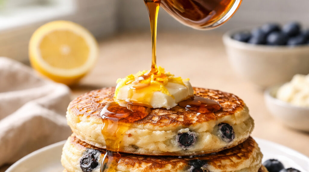Lemon Ricotta Blueberry Cottage Pancakes with Maple Drizzle