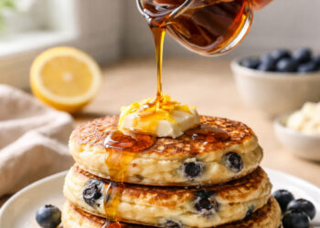 Lemon Ricotta Blueberry Cottage Pancakes with Maple Drizzle