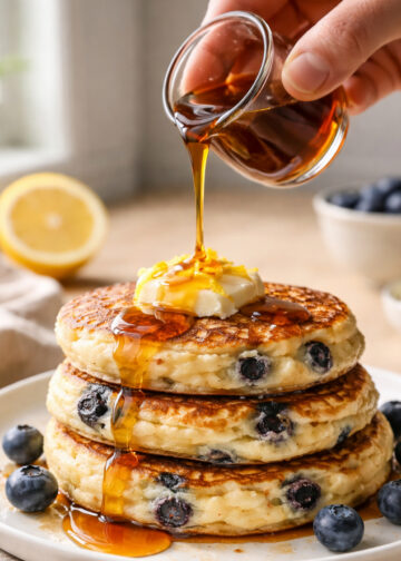 Lemon Ricotta Blueberry Cottage Pancakes with Maple Drizzle