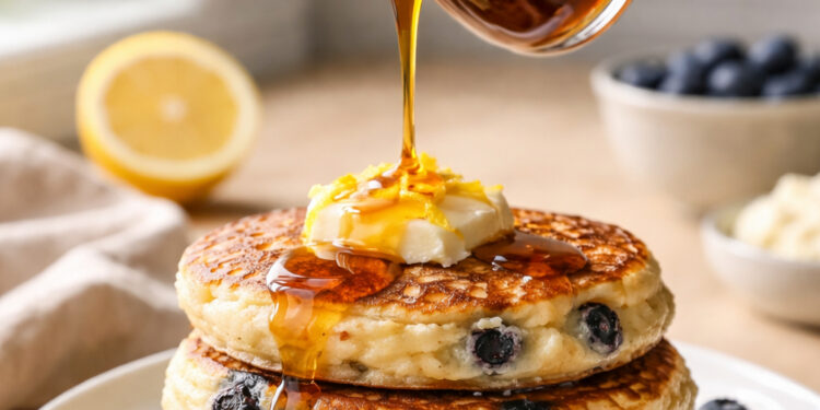 Lemon Ricotta Blueberry Cottage Pancakes with Maple Drizzle