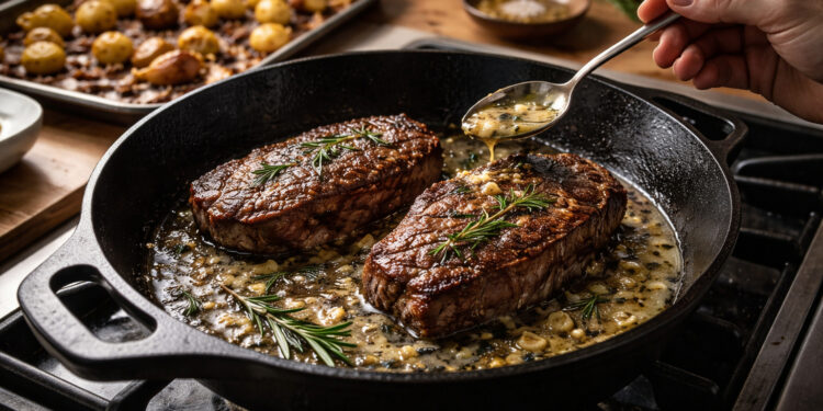 Garlic-Rosemary Butter Steak with Roasted Shallot Potatoes