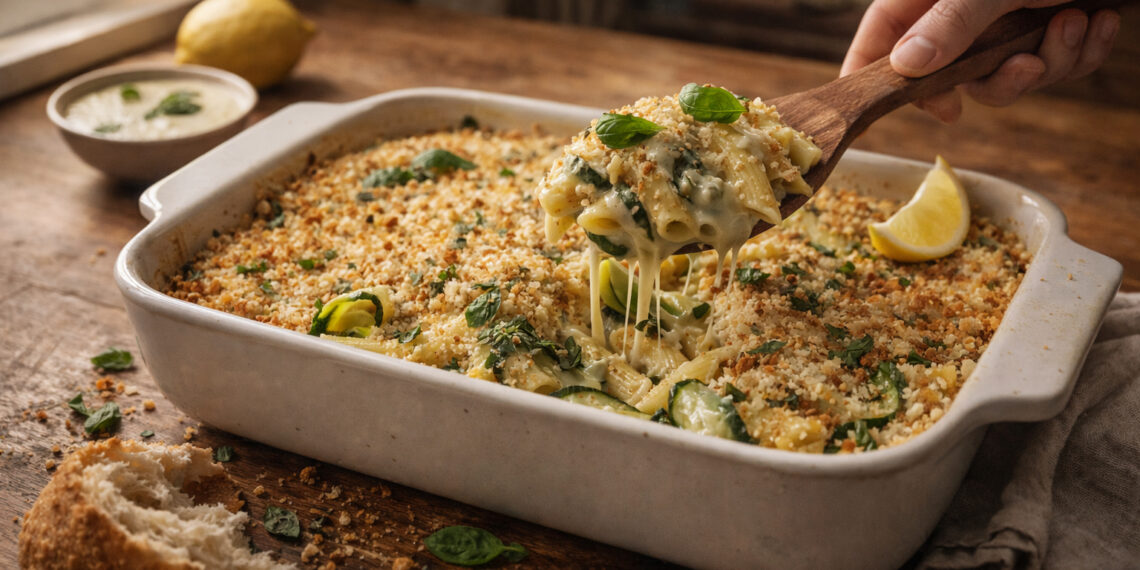 Lemon-Basil White Bean and Zucchini Pasta Bake