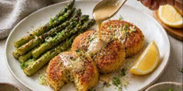 Herbed Millet Cakes with Lemon Tahini and Charred Asparagus