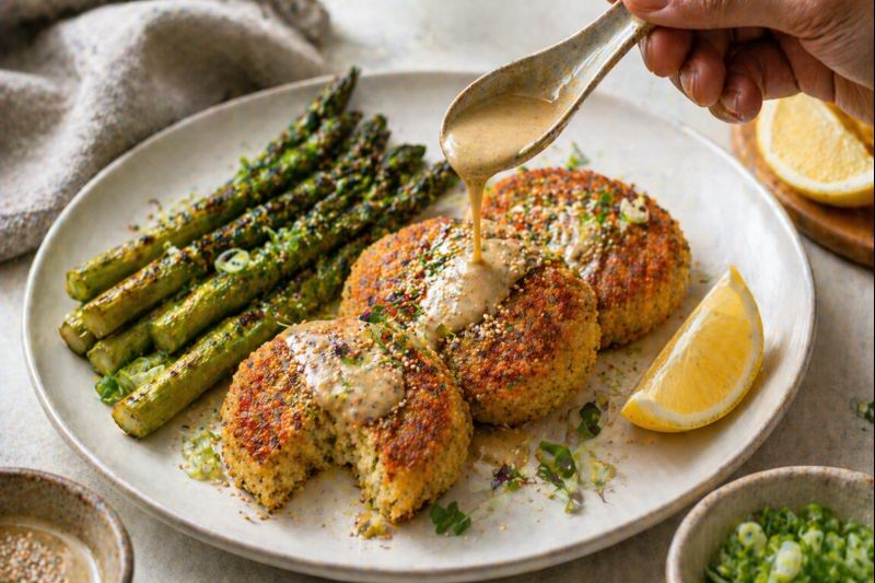 Herbed Millet Cakes with Lemon Tahini and Charred Asparagus