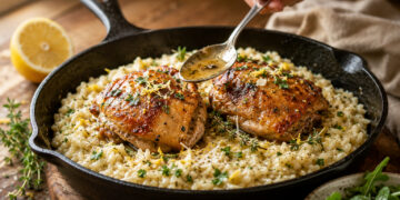Crispy Skillet Chicken with Lemon Herb Risotto