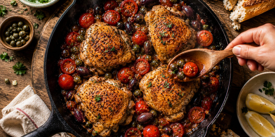 Pan-Roasted Chicken Thighs with Tomato Olive Ragout