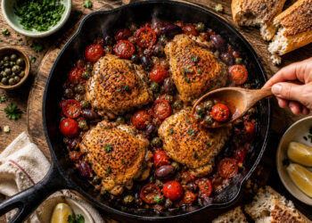 Pan-Roasted Chicken Thighs with Tomato Olive Ragout