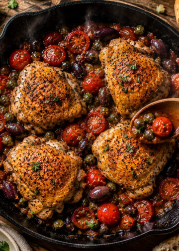 Pan-Roasted Chicken Thighs with Tomato Olive Ragout