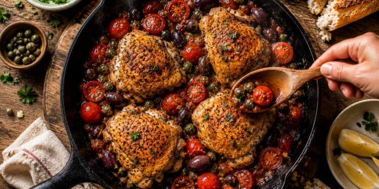 Pan-Roasted Chicken Thighs with Tomato Olive Ragout