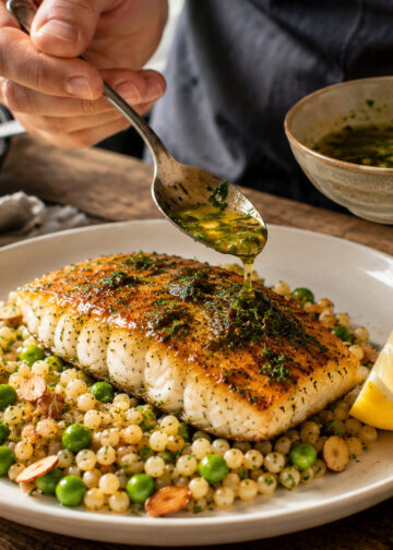 Herbed Lemon Butter Cod with Israeli Couscous Pilaf
