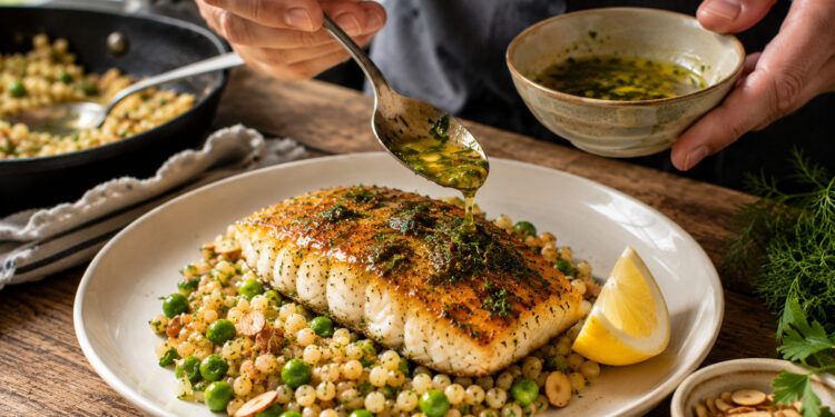 Herbed Lemon Butter Cod with Israeli Couscous Pilaf