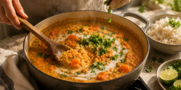 Creamy Coconut Carrot and Red Lentil Dahl with Cilantro