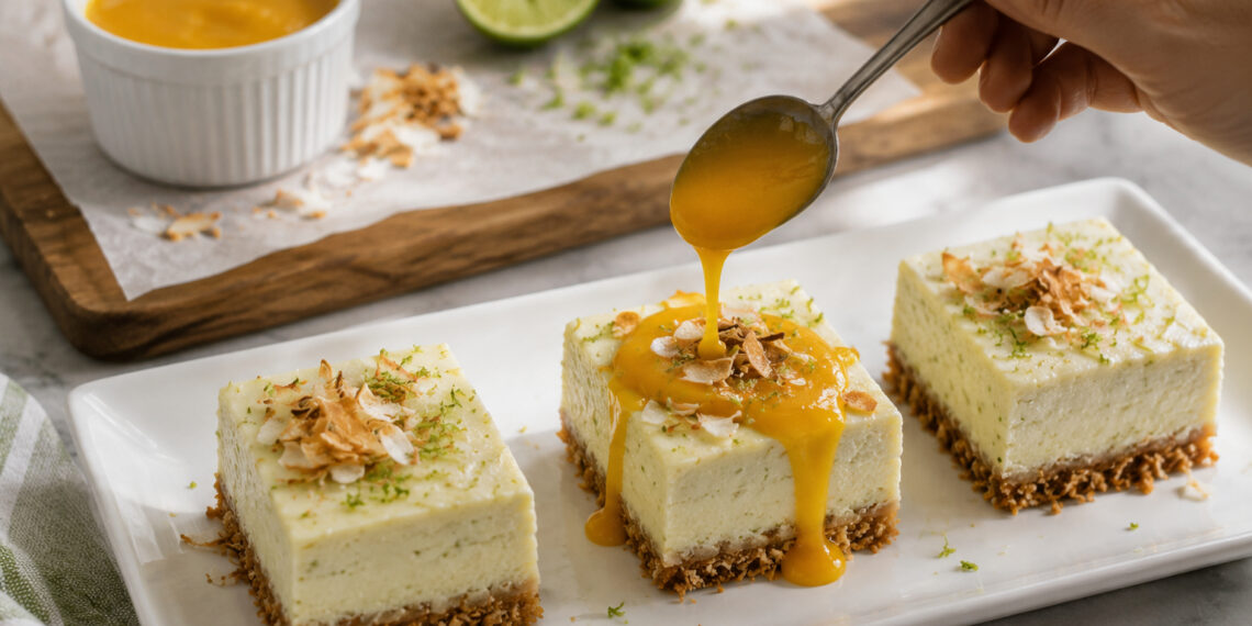 Toasted Coconut Lime Cheesecake Bars with Mango Coulis