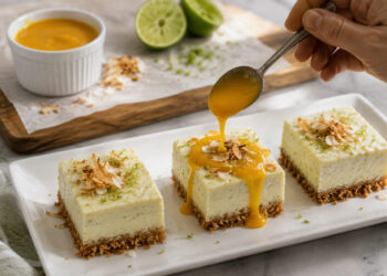 Toasted Coconut Lime Cheesecake Bars with Mango Coulis