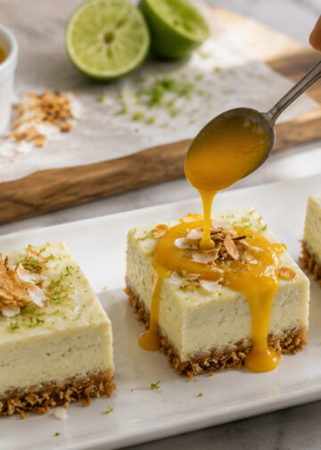 Toasted Coconut Lime Cheesecake Bars with Mango Coulis