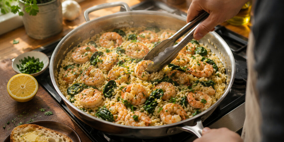 Garlic Butter Shrimp with Lemon Herb Orzo and Spinach