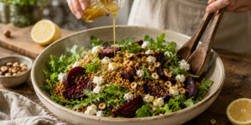 Autumn Warm Farro Salad with Roasted Beets and Hazelnuts