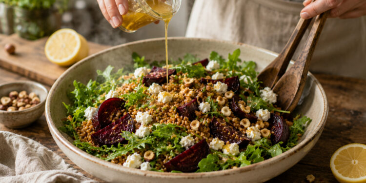 Autumn Warm Farro Salad with Roasted Beets and Hazelnuts