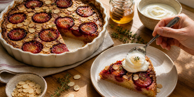Roasted Plum Almond Clafoutis with Honeyed Yogurt
