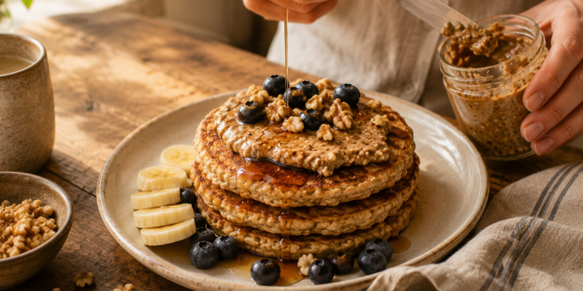 Maple Oatmeal Pancakes with Toasted Walnut Butter