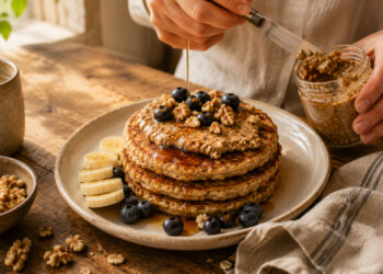 Maple Oatmeal Pancakes with Toasted Walnut Butter