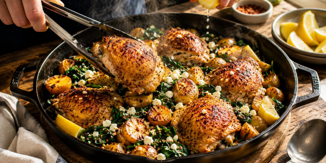 Pan-Roasted Chicken with Spinach, Feta, and Potatoes