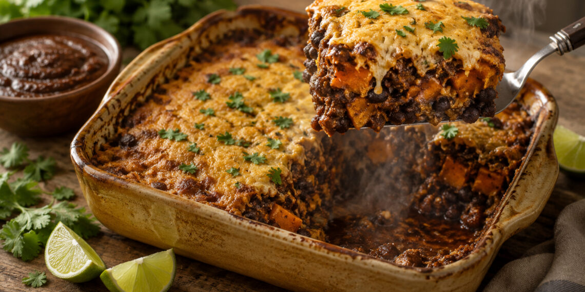 Roasted Pumpkin and Black Bean Mole Enchilada Bake