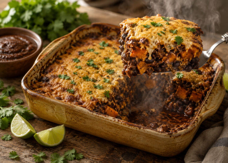 Roasted Pumpkin and Black Bean Mole Enchilada Bake