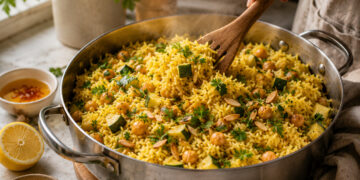 Saffron Lemon Chickpea and Zucchini Pilaf with Herbs