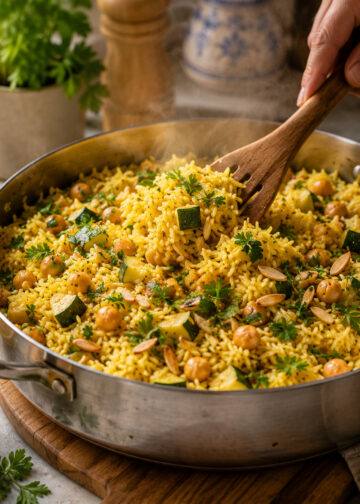 Saffron Lemon Chickpea and Zucchini Pilaf with Herbs