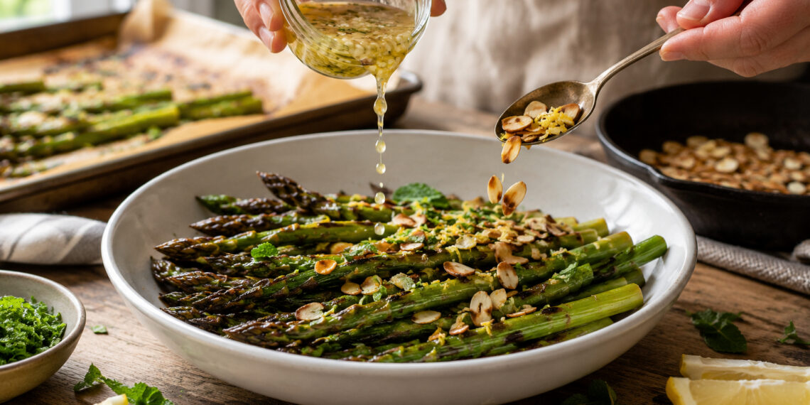 Charred Lemon-Roasted Asparagus with Almond and Mint Crunch