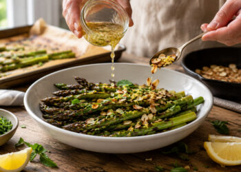 Charred Lemon-Roasted Asparagus with Almond and Mint Crunch