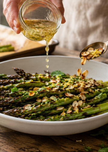 Charred Lemon-Roasted Asparagus with Almond and Mint Crunch