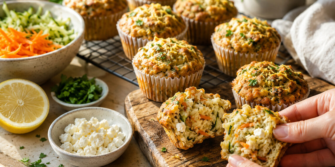Carrot Zucchini Breakfast Muffins with Feta Crumble