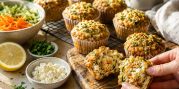 Carrot Zucchini Breakfast Muffins with Feta Crumble