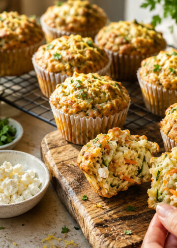Carrot Zucchini Breakfast Muffins with Feta Crumble
