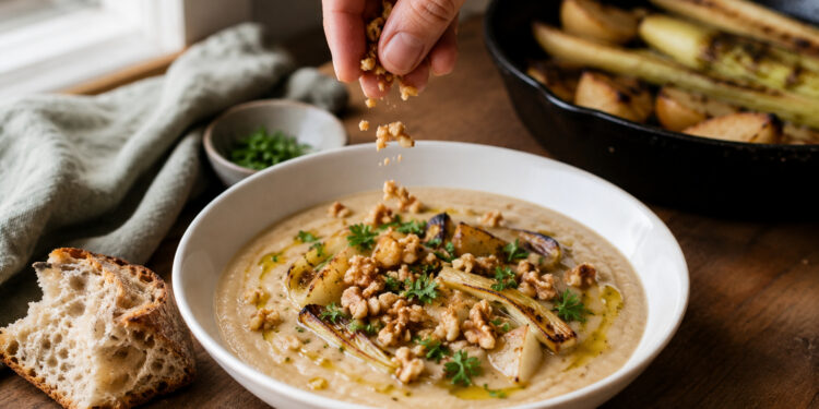 Charred Leek and Pear White Bean Soup