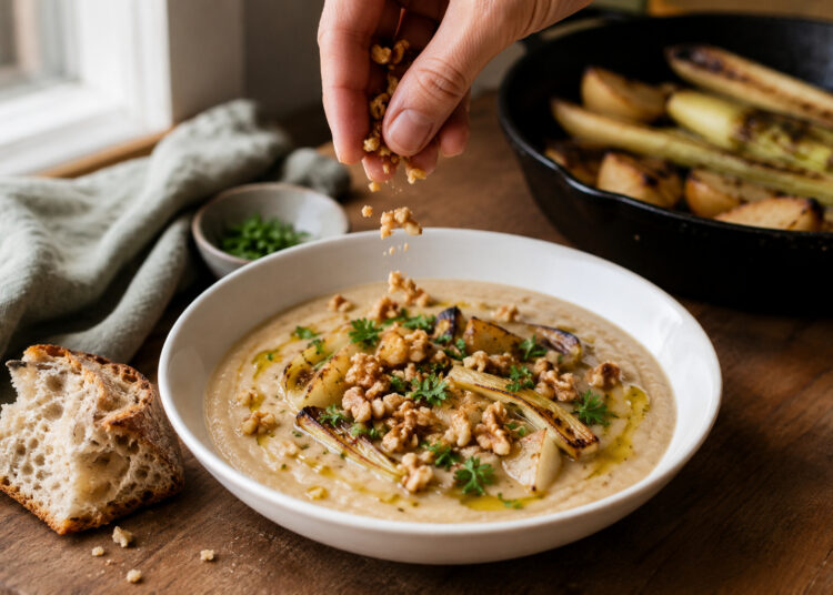 Charred Leek and Pear White Bean Soup