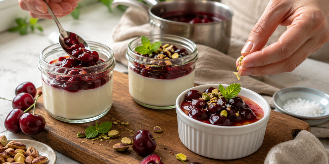 Salted Honey Panna Cotta with Cherry Compote and Pistachio