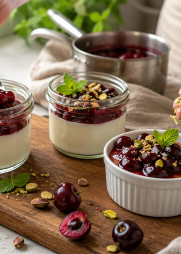 Salted Honey Panna Cotta with Cherry Compote and Pistachio