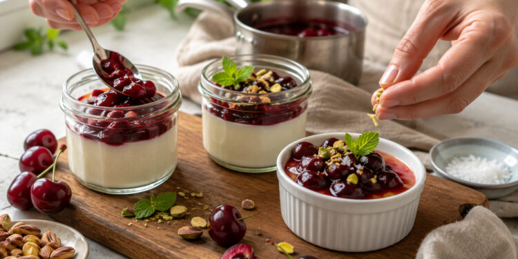 Salted Honey Panna Cotta with Cherry Compote and Pistachio