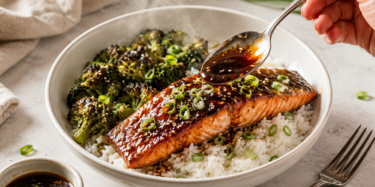 Honey-Soy Glazed Salmon with Charred Broccoli and Rice