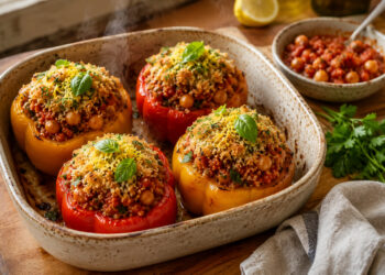 Herbed Quinoa Stuffed Peppers with Smoky Tomato Ragout
