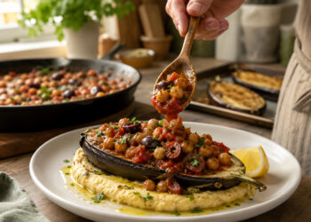 Stuffed Eggplant and Chickpea Ragout with Herbed Polenta