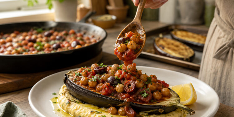 Stuffed Eggplant and Chickpea Ragout with Herbed Polenta