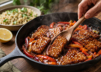 Citrus Marinated Tempeh with Charred Pepper Quinoa