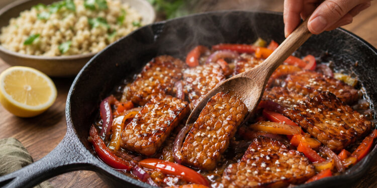Citrus Marinated Tempeh with Charred Pepper Quinoa