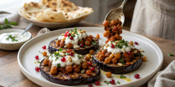Roasted Eggplant Steaks with Spiced Chickpea Ragout and Yogurt