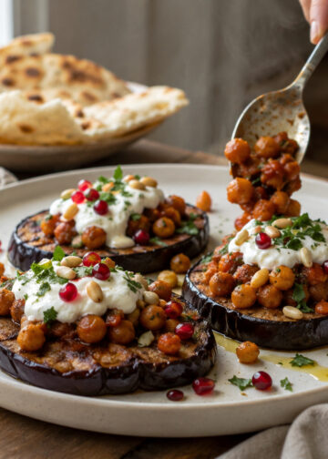 Roasted Eggplant Steaks with Spiced Chickpea Ragout and Yogurt