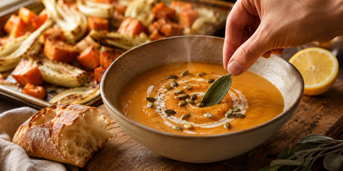 Maple-Roasted Sweet Potato and Fennel Soup with Crispy Sage